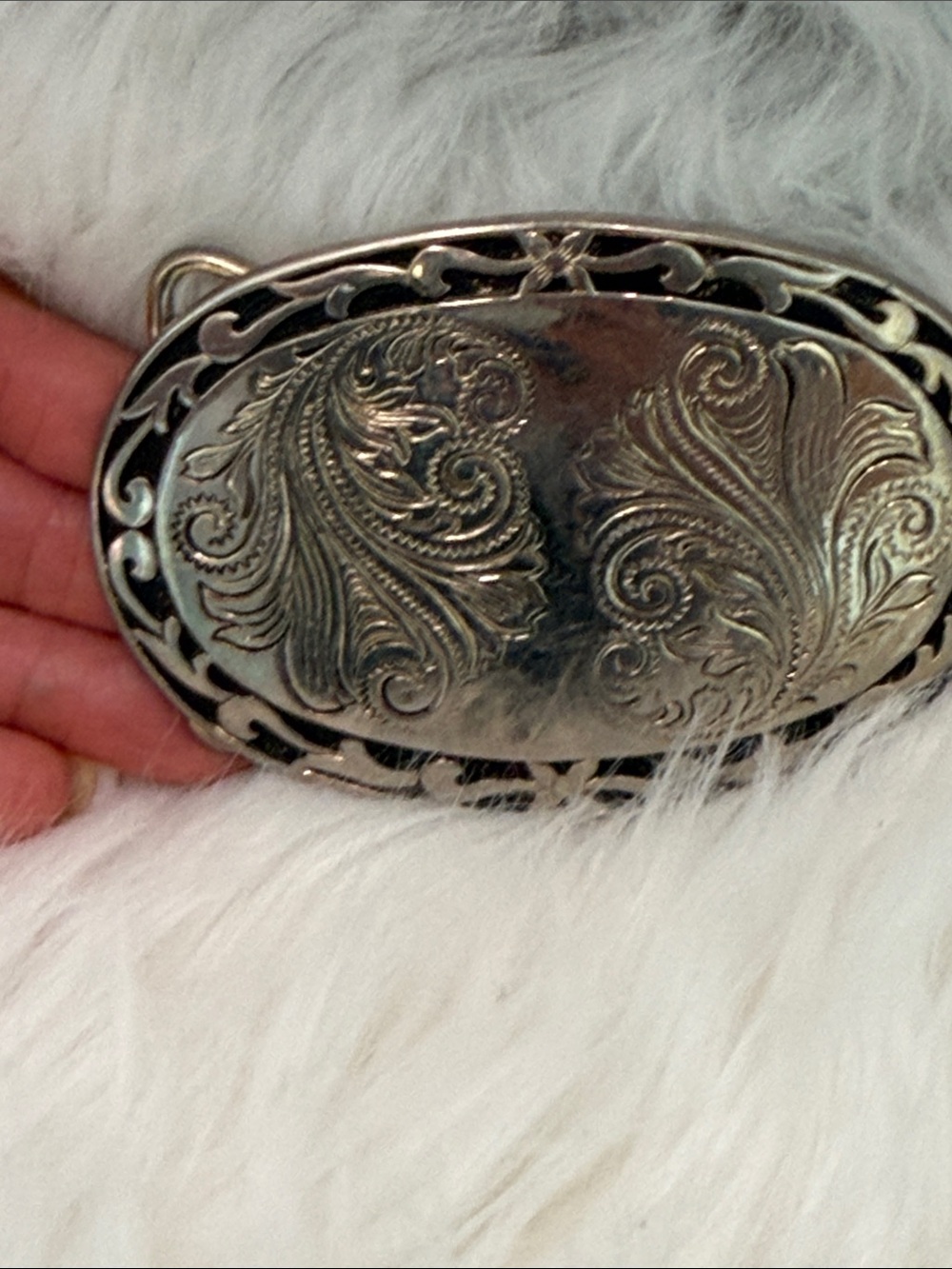 Engraved Oval Silver-Tone Buckle with Black Accents